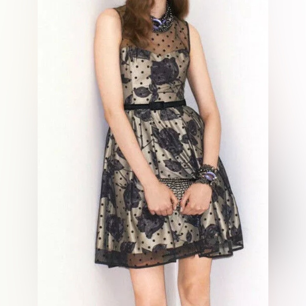 Eliza J Women’s Sz 4 Swiss Dot Floral Mesh Overlay Fit & Flare Dress Black